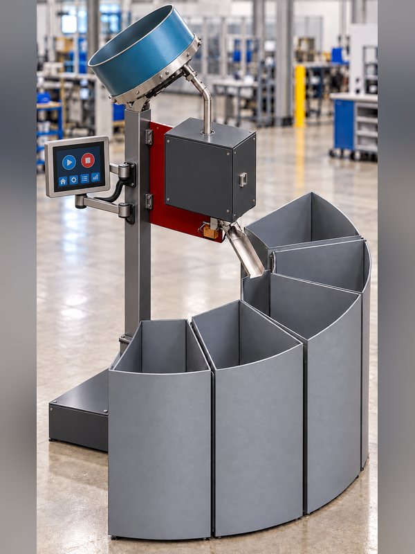 AccuSort sorting system on the production floor: feed bowl, weigh head, touchscreen and curved multi-bin output