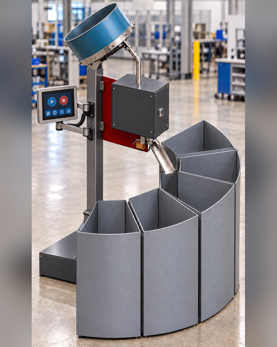 AccuSort sorting system on the production floor: feed bowl, weigh head, touchscreen and curved multi-bin output