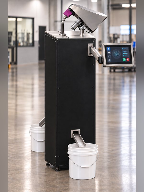 AccuVision 360 vision inspection system on the production floor with camera head, touchscreen and pass and fail chutes