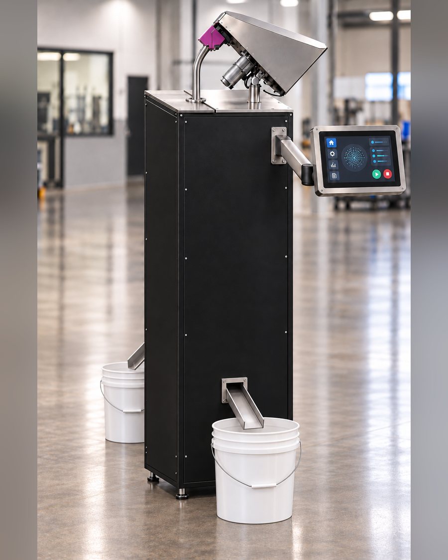 AccuVision 360 vision inspection system on the production floor with camera head, touchscreen and pass and fail chutes