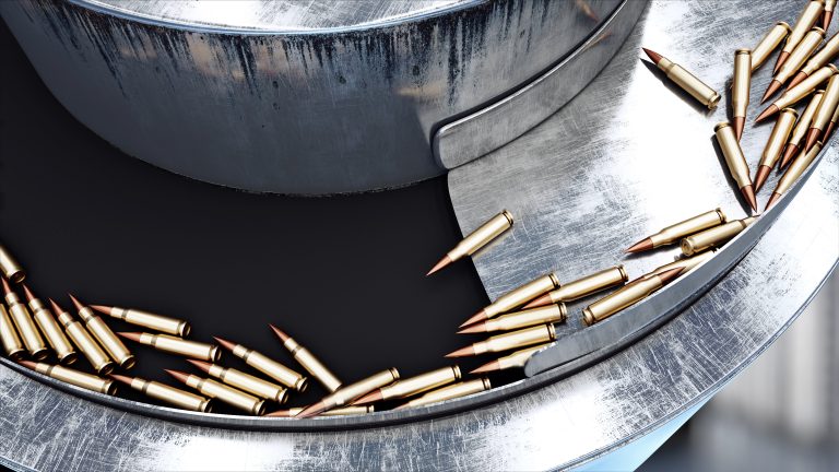 Process of production of bullets. Industrial concept. Factory equipment and macine. Steel. 3d rendering.